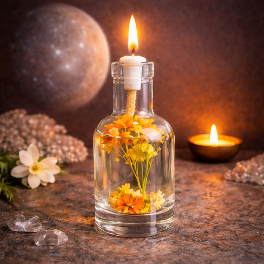 Oil candle in clear glass bottle with floating orange and yellow flowers, lit wick