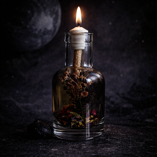 Oil candle in clear glass bottle with burning wick and dried botanicals inside