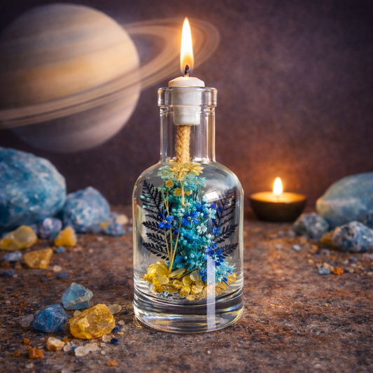 Clear glass oil candle bottle with lit wick, blue flowers and gold accents