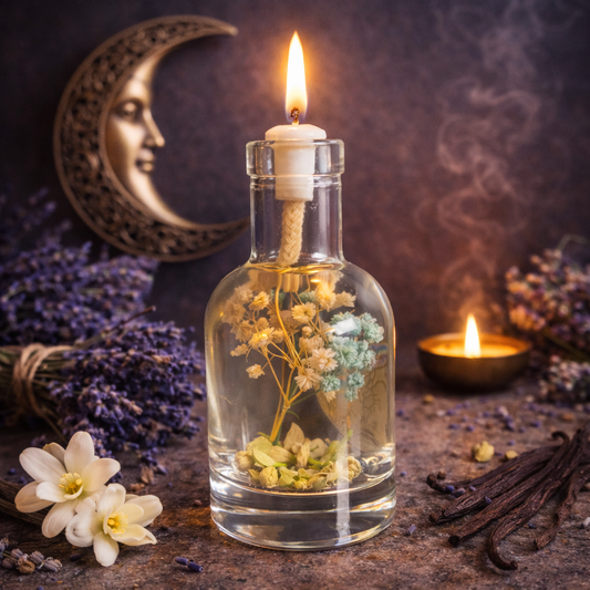 The Moon oil candle in clear glass bottle with burning wick and dried flowers inside