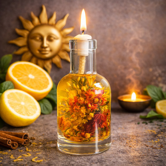 Lit oil candle in clear glass jar with amber oil and dried flower petals