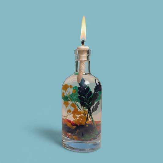 Oil candle in clear glass bottle with metal wick cap and colorful pressed flowers