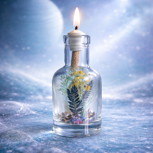 Oil candle in clear glass bottle with metal wick cap and embedded botanical mix
