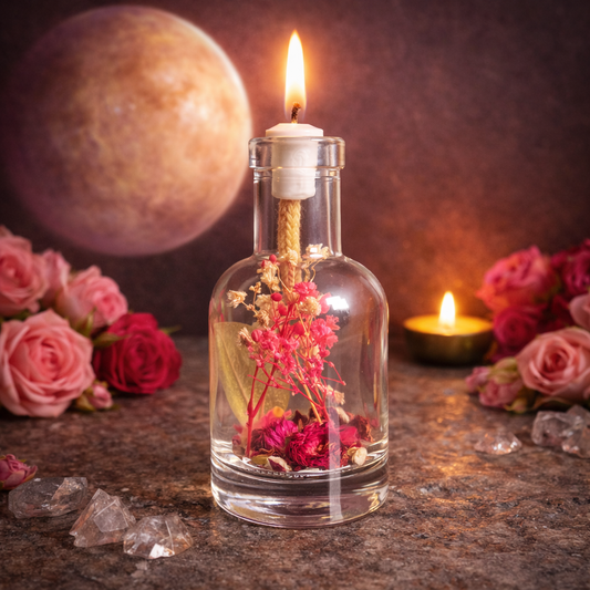 Venus oil candle in clear glass bottle with lit wick and dried flowers inside