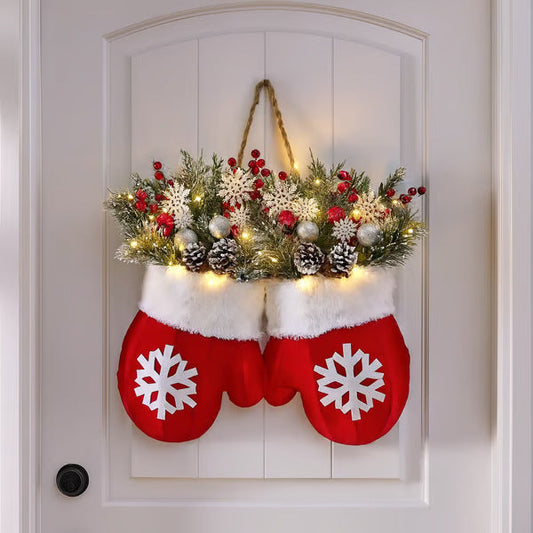 Red glove-shaped Christmas wreath with snowflake decals, faux pine and warm lights.
