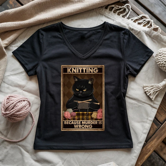 Black V-neck T-shirt with cat knitting graphic
