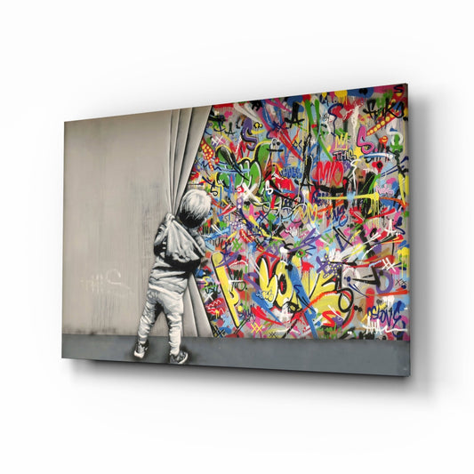 Graffiti glass wall art featuring vivid scribbles and letters in a gray frame