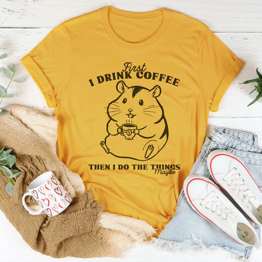 Mustard yellow graphic T-shirt with cat holding coffee and slogan print