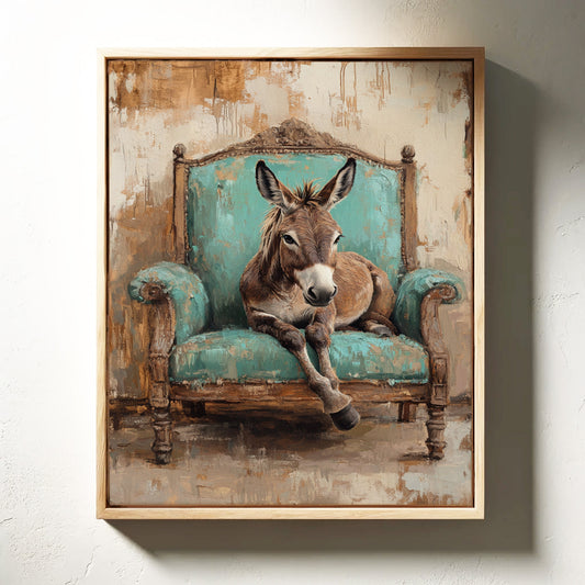 Framed donkey wall art featuring a donkey resting on a turquoise cushioned armchair.