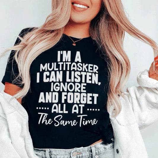 Black graphic T-shirt with “multitasker” text and “The Same Time” script