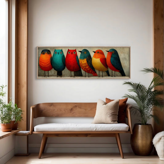 Framed canvas artwork showing colorful birds lined up on a wire with textured background.