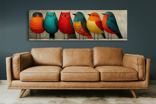 Framed canvas wall art of colorful birds perched on a wire, wide horizontal print.