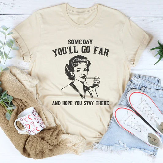 Soft cream graphic tee with retro portrait and 'Someday you'll go far' text