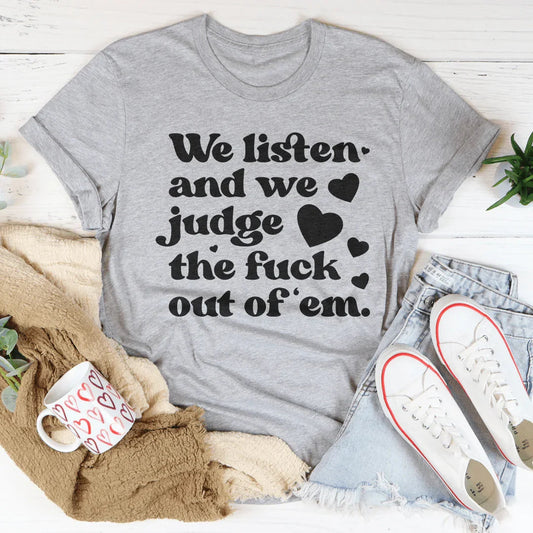 Heather gray graphic T-shirt with black slogan and heart icons