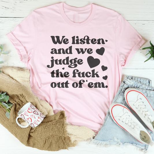 Pink graphic T-shirt with black slogan and heart icons